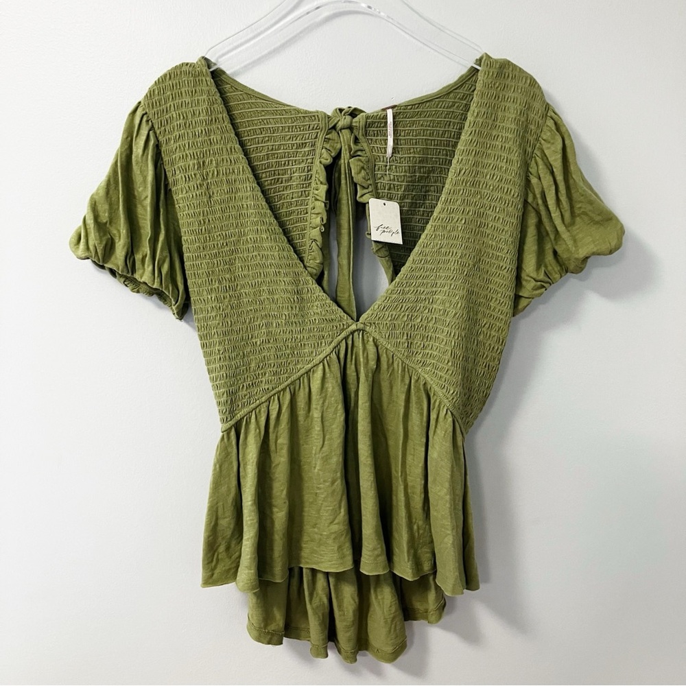 Free People | Green Charlotte Smocked V-Neck Top L Boho Fairycore Goblincore